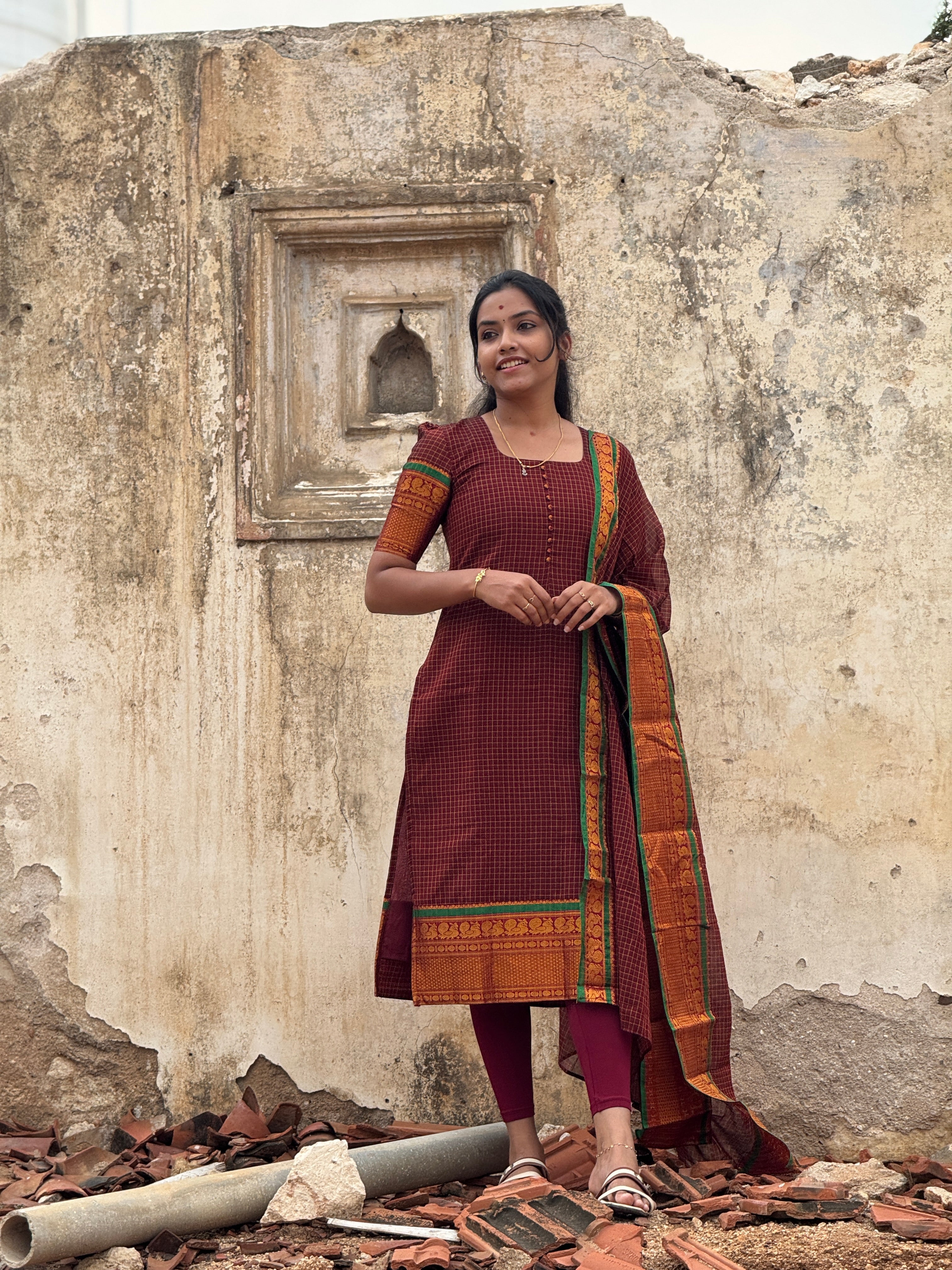 Narayanpet cotton maroon checks
