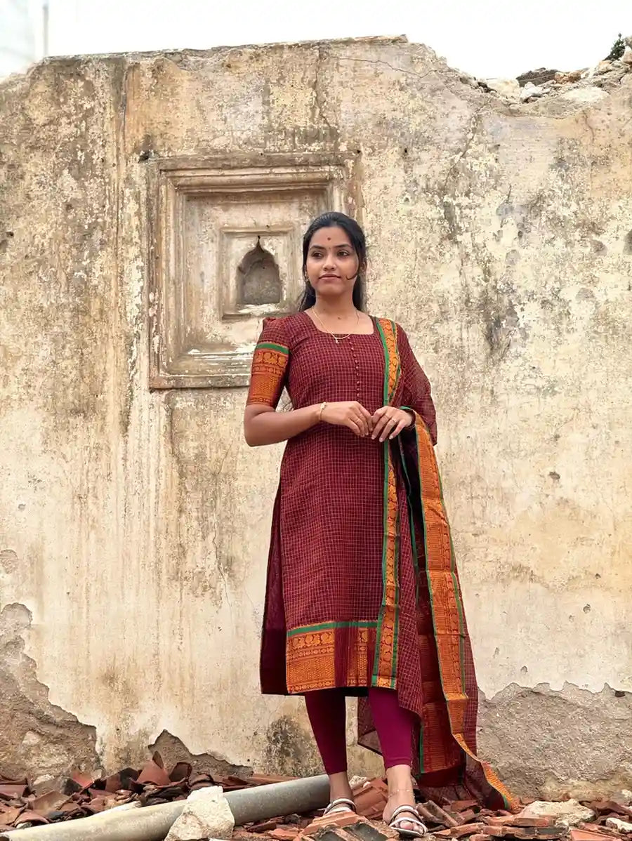 Narayanpet cotton maroon checks