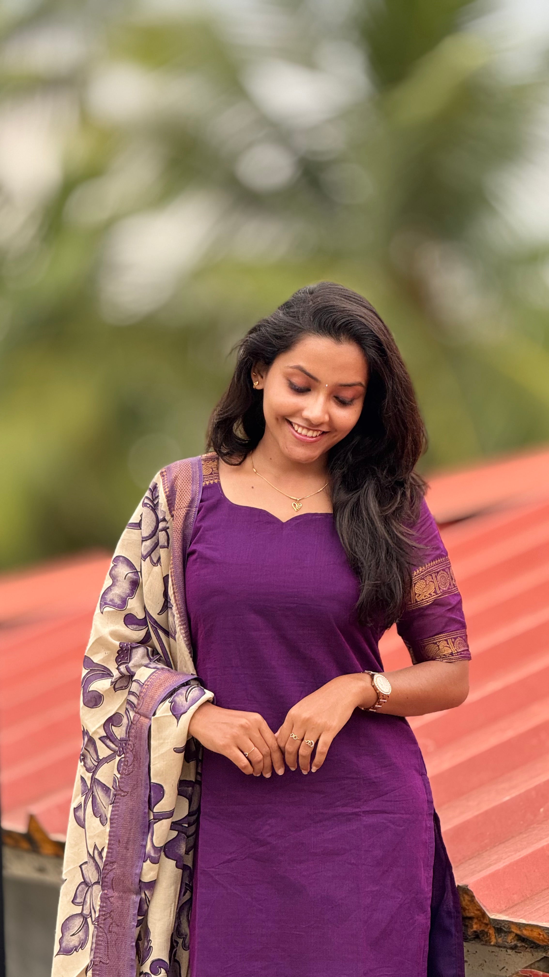 Purple chettinad cotton kurti & kalamkari dupatta