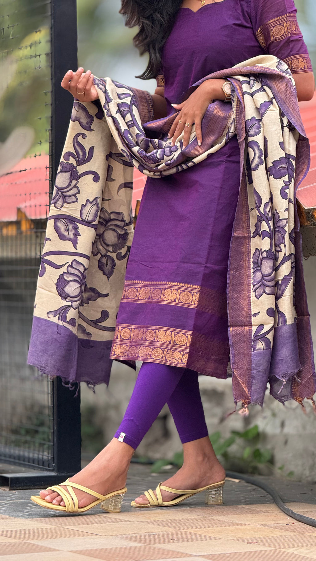 Purple chettinad cotton kurti & kalamkari dupatta