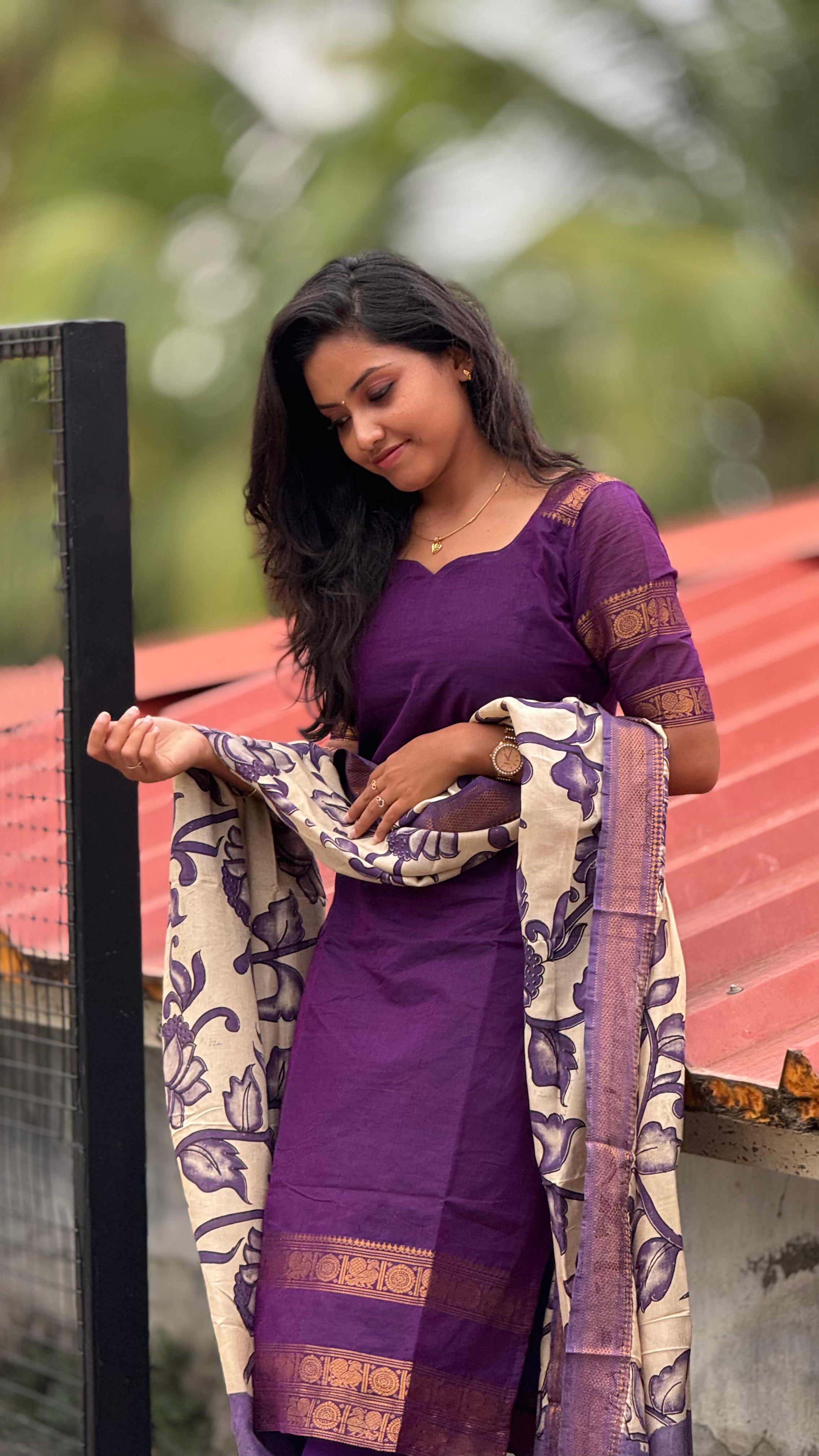 Purple chettinad cotton kurti & kalamkari dupatta