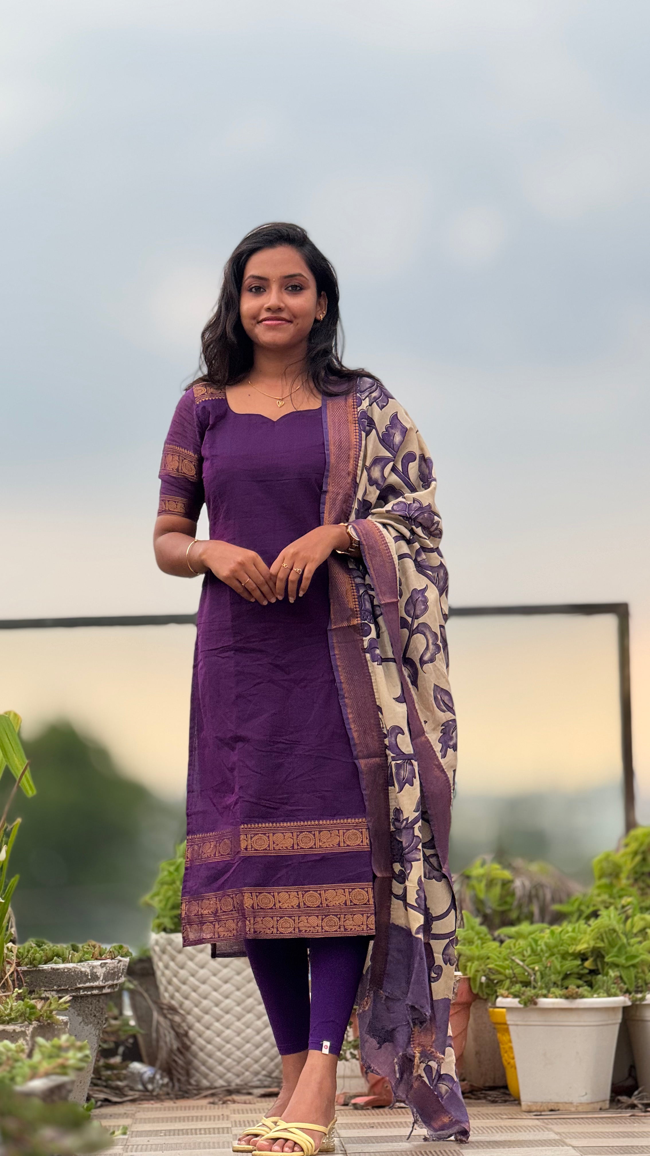 Purple chettinad cotton kurti & kalamkari dupatta