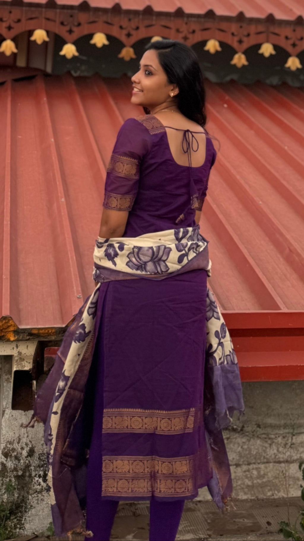 Purple chettinad cotton kurti & kalamkari dupatta