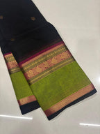 Black with Olive green rich pallu  Mango Zari borders  Saree