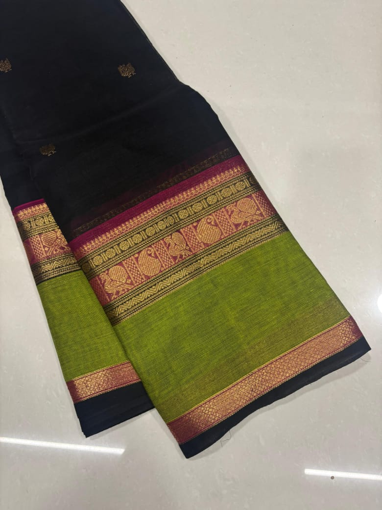 Black with Olive green rich pallu  Mango Zari borders  Saree