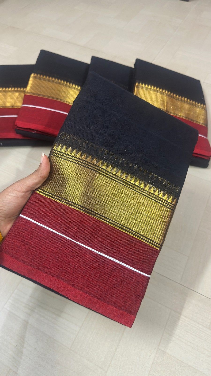 Kanchi cotton Black-Golden temple maroon border