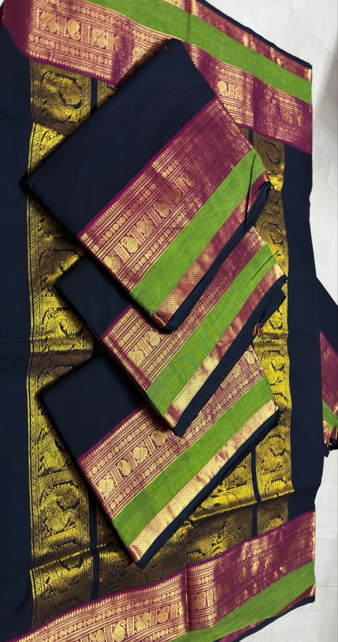 Black with Olive green rich pallu  Mango Zari borders  Saree