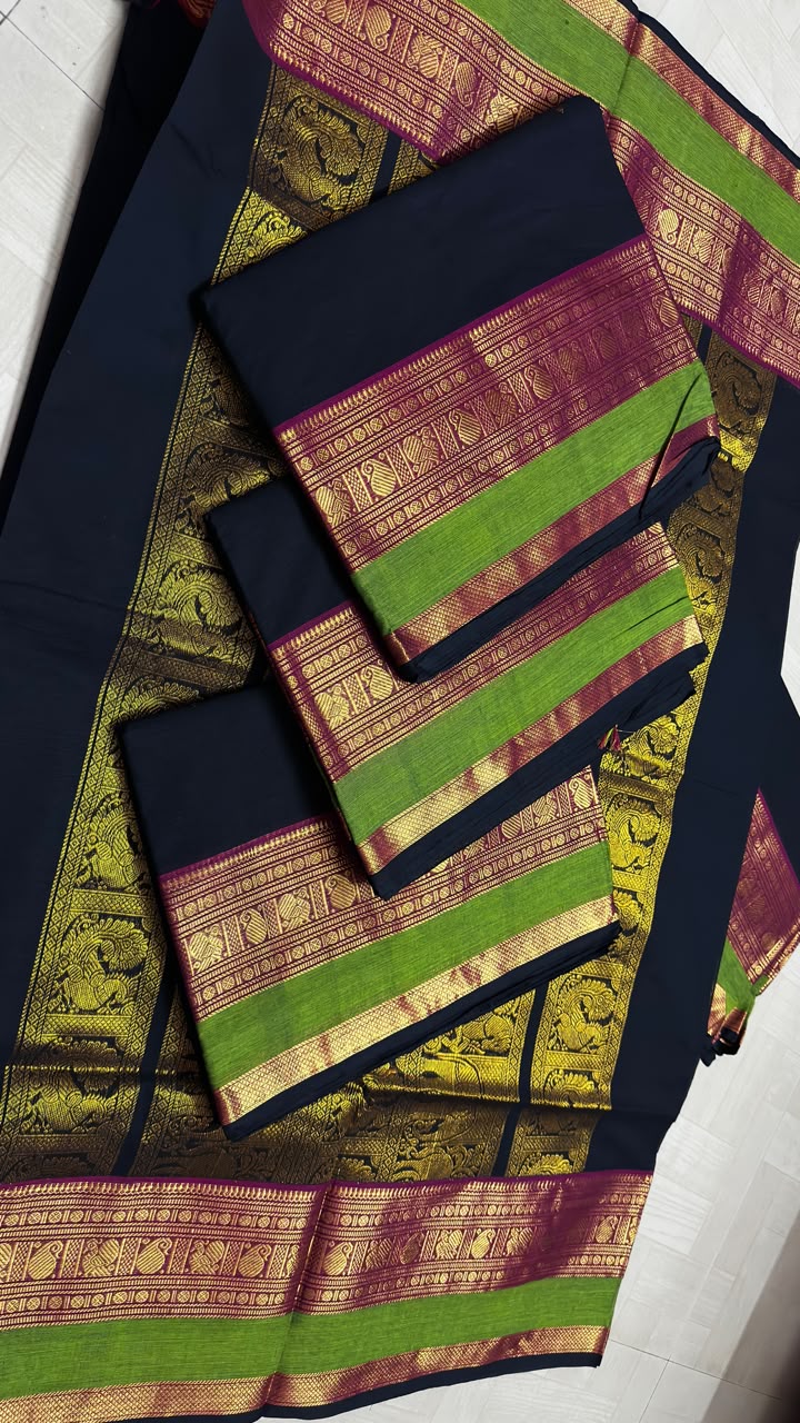 Black with Olive green rich pallu  Mango Zari borders  Saree